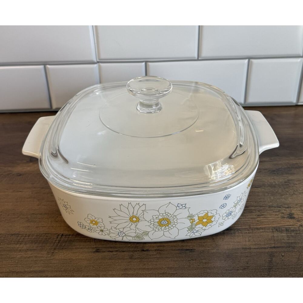 VTG Corning Ware Daisy Yellow Floral Bouquet 2 Qt Casserole W/Lid A-2-B